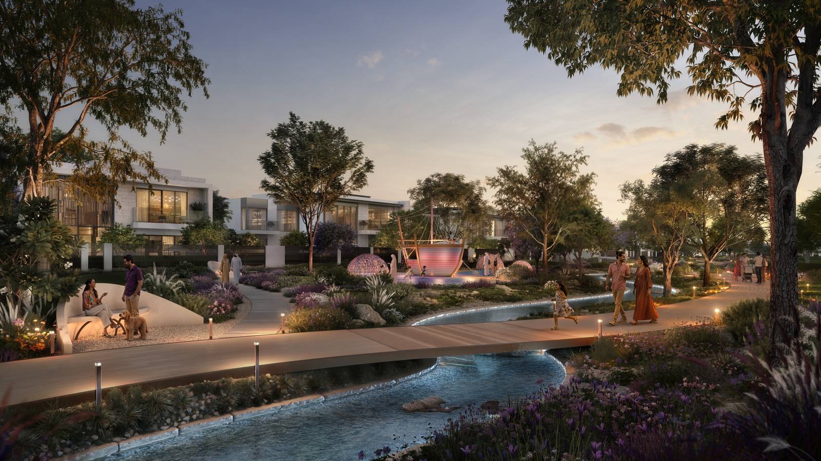 Families enjoying the landscaped gardens and play area at Talay Marsa Al Saadiyat